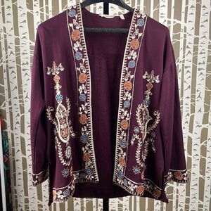 Soft Surroundings boho embroidered open front jacket maroon gold